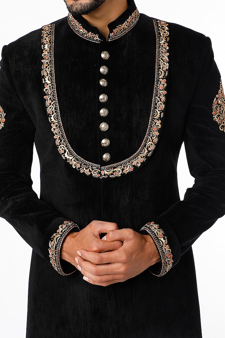 Black Embroidered Wedding Sherwani Set by Nero by Shaifali & Satya at Pernia's Pop Up Shop