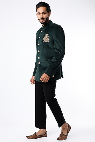 Bottle Green Jodhpuri Bandhgala Jacket Set by Nero by Shaifali & Satya