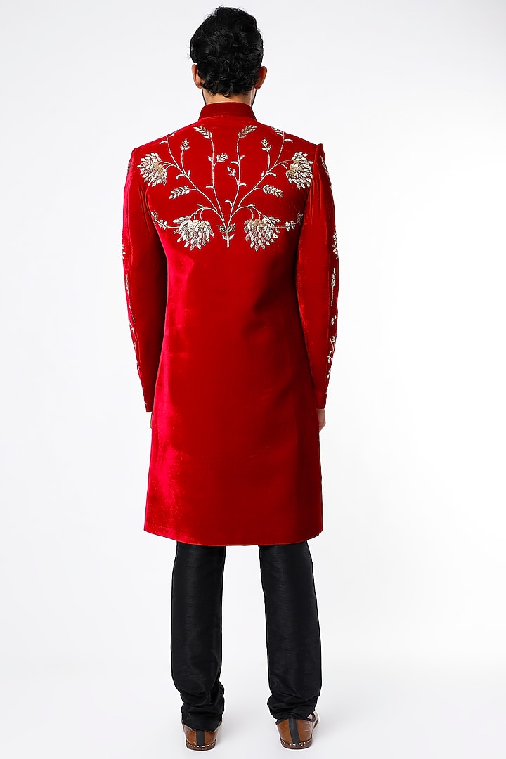 Fiery Red Hand Embroidered Wedding Sherwani Set by Nero by Shaifali & Satya at Pernia's Pop Up Shop