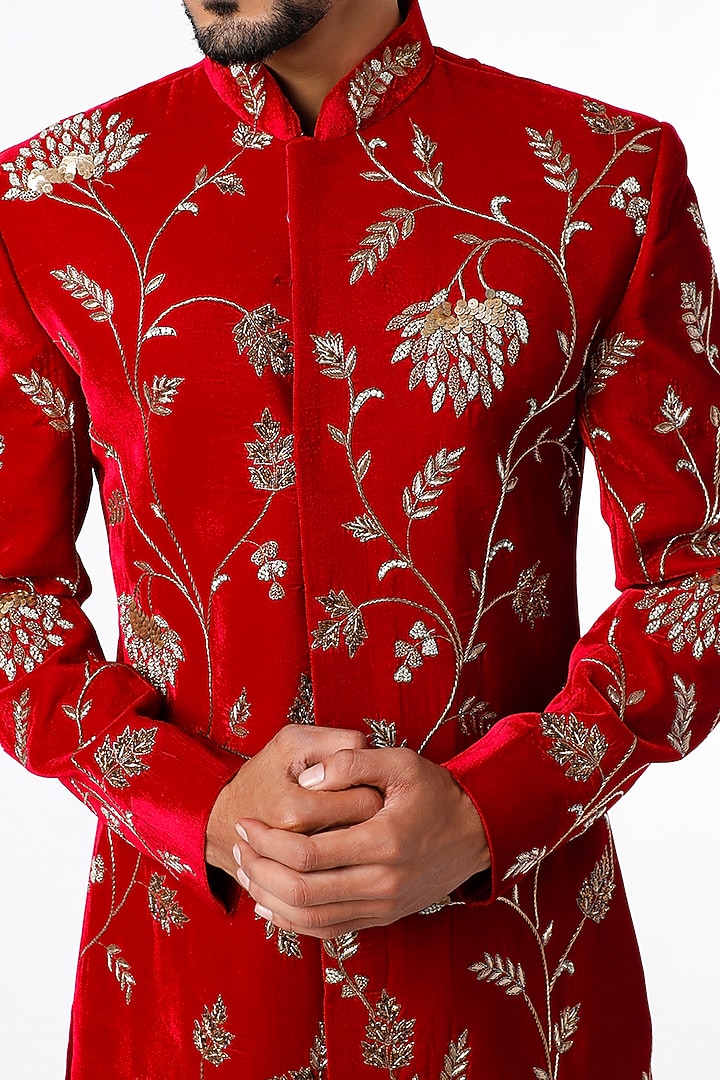 Fiery Red Hand Embroidered Wedding Sherwani Set by Nero by Shaifali & Satya at Pernia's Pop Up Shop