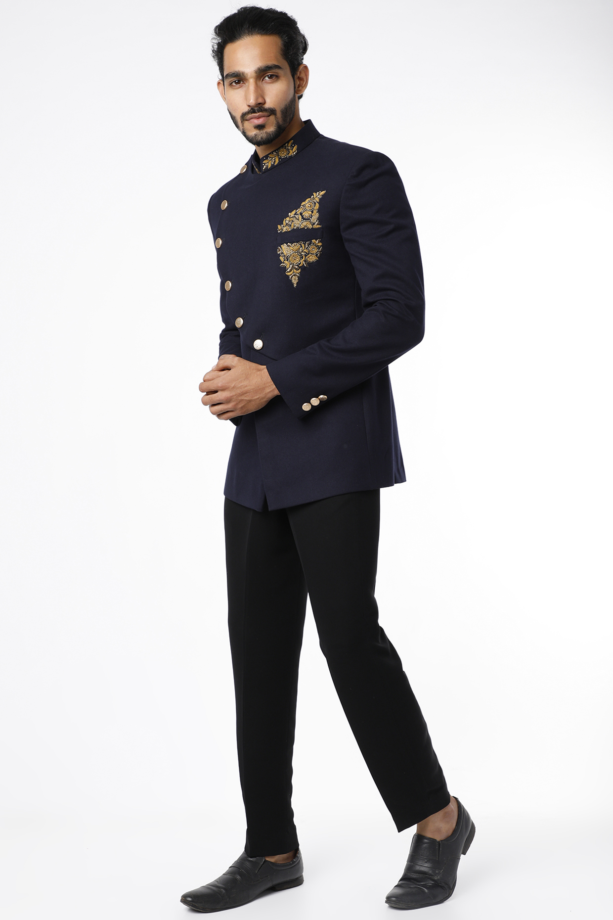 Dark Navy Blue Jodhpuri Bandhgala Jacket Set by Nero by Shaifali & Satya