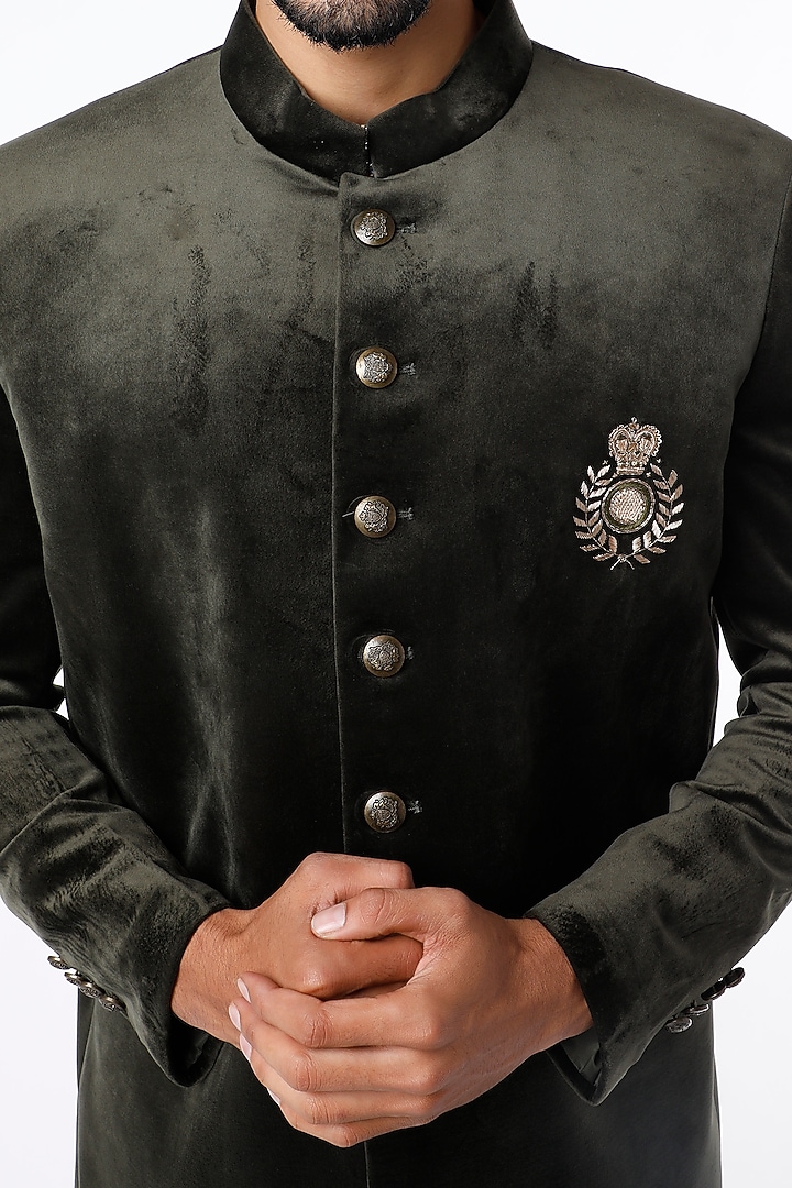 Dusty Olive Jodhpuri Wedding Bandhgala Jacket Set by Nero by Shaifali & Satya at Pernia's Pop Up Shop