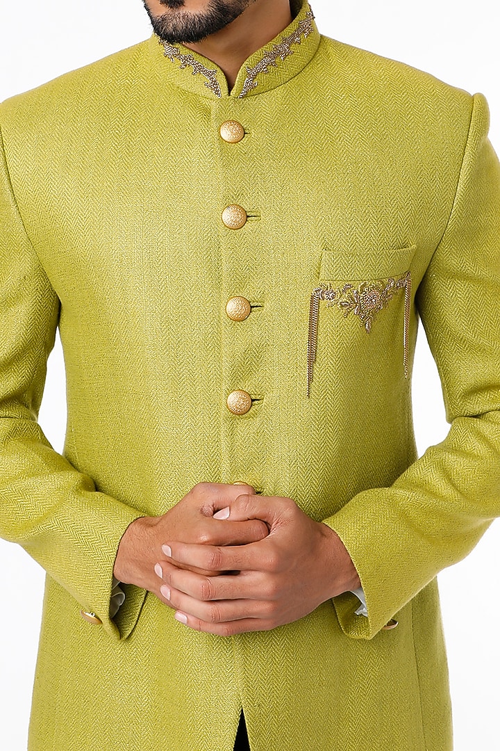 Sunny Green Jodhpuri Wedding Bandhgala Jacket Set by Nero by Shaifali & Satya at Pernia's Pop Up Shop