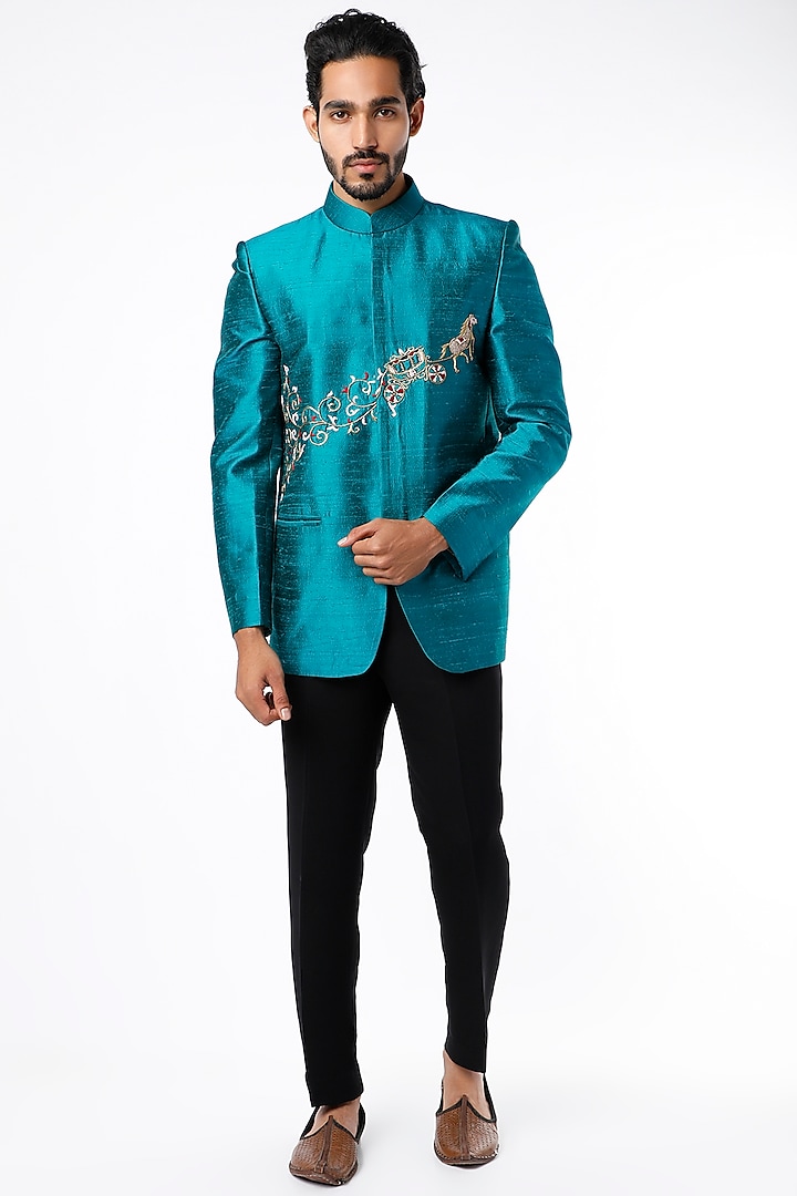 Deep Turquoise Jodhpuri Bandhgala Jacket Set by Nero by Shaifali & Satya