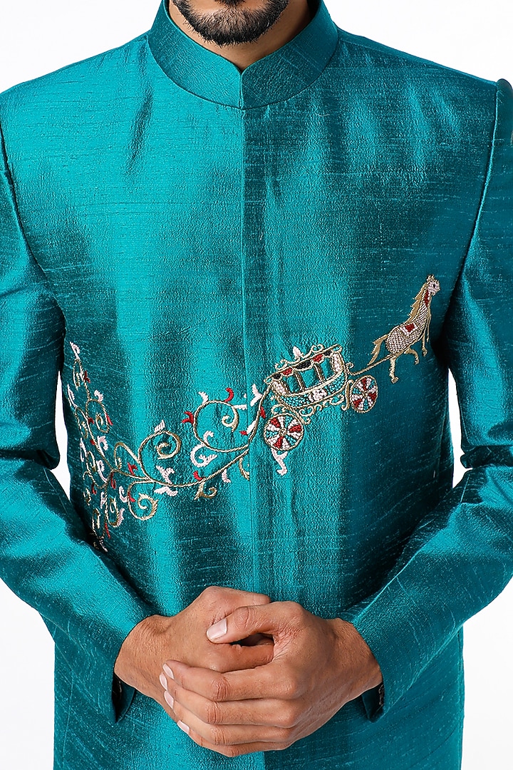 Deep Turquoise Jodhpuri Wedding Bandhgala Jacket Set by Nero by Shaifali & Satya at Pernia's Pop Up Shop