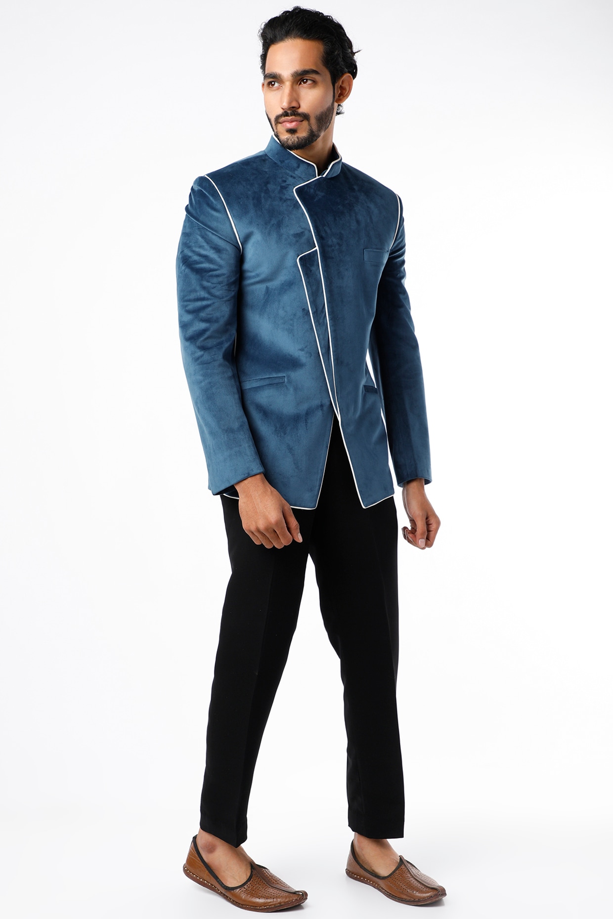 Dark Cerulean Blue Jodhpuri Bandhgala Jacket Set Design by Nero by Shaifali  & Satya at Pernia's Pop Up Shop 2024