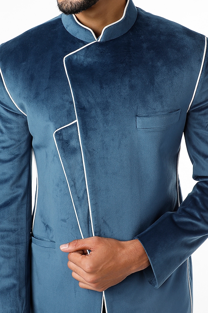 Dark Cerulean Blue Jodhpuri Bandhgala Jacket Set by Nero by Shaifali & Satya at Pernia's Pop Up Shop