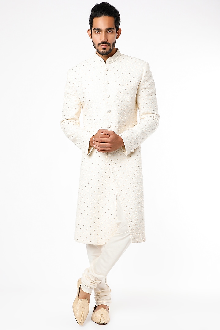Off-White Embroidered Wedding Sherwani Set by Nero by Shaifali & Satya at Pernia's Pop Up Shop