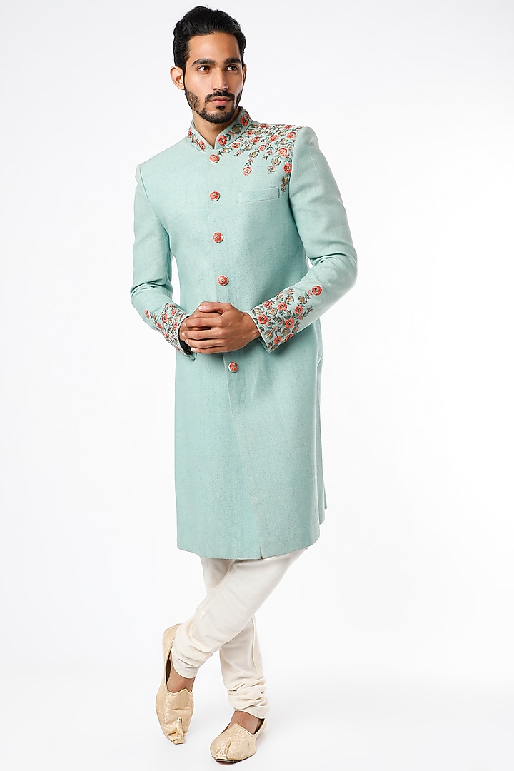 Baby Blue Embroidered Wedding Sherwani Set by Nero by Shaifali & Satya at Pernia's Pop Up Shop