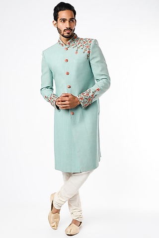 Baby Blue Embroidered Sherwani Set by Nero by Shaifali & Satya