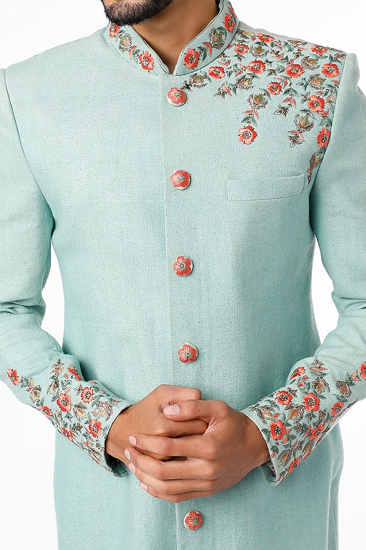 Baby Blue Embroidered Wedding Sherwani Set by Nero by Shaifali & Satya at Pernia's Pop Up Shop