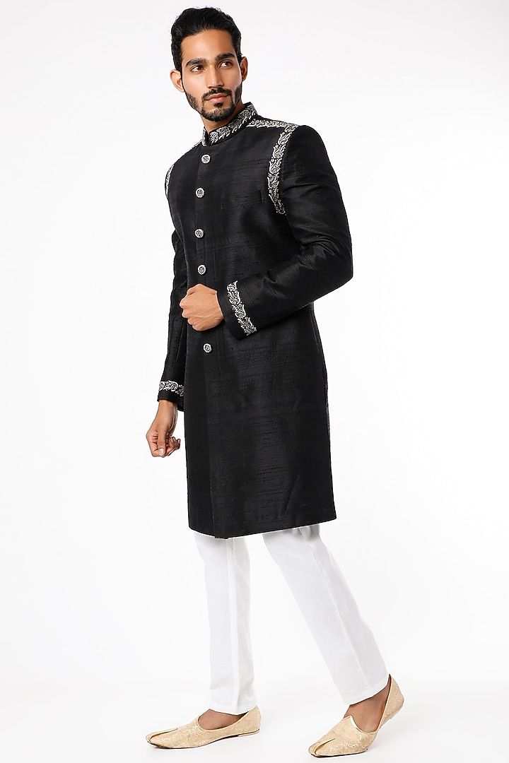 Black Hand Embroidered Wedding Sherwani Set by Nero by Shaifali & Satya at Pernia's Pop Up Shop