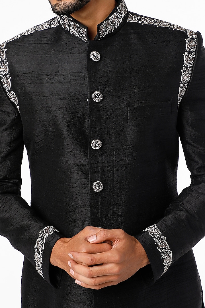 Black Hand Embroidered Wedding Sherwani Set by Nero by Shaifali & Satya at Pernia's Pop Up Shop