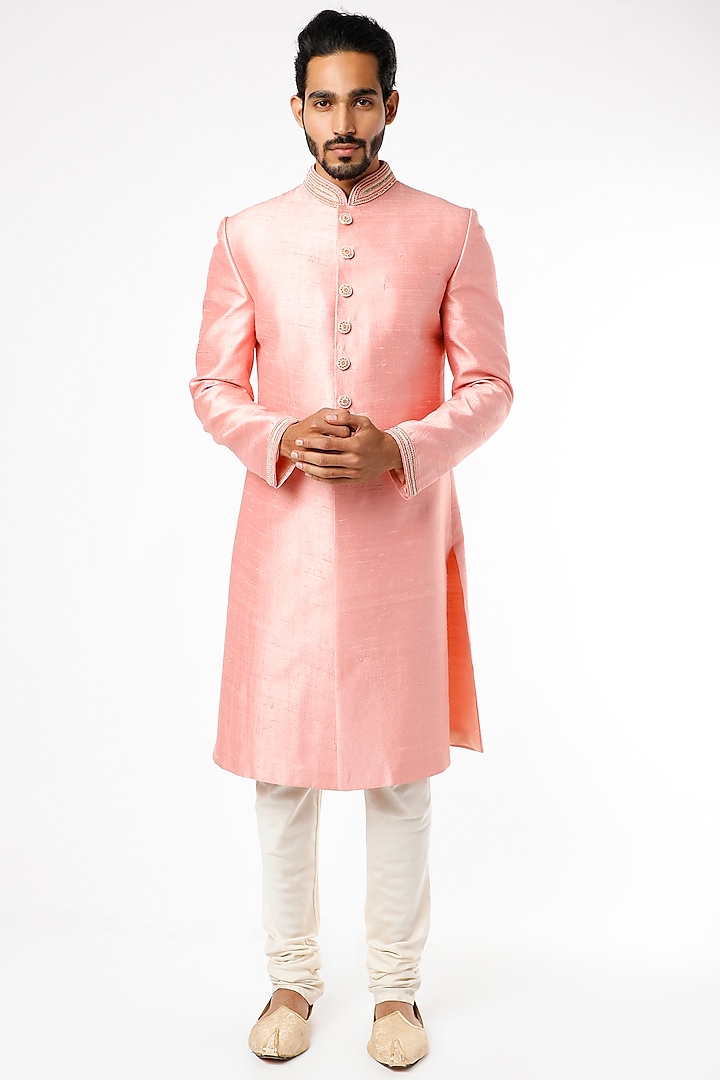 Rose Pink Embroidered Wedding Sherwani Set by Nero by Shaifali & Satya at Pernia's Pop Up Shop