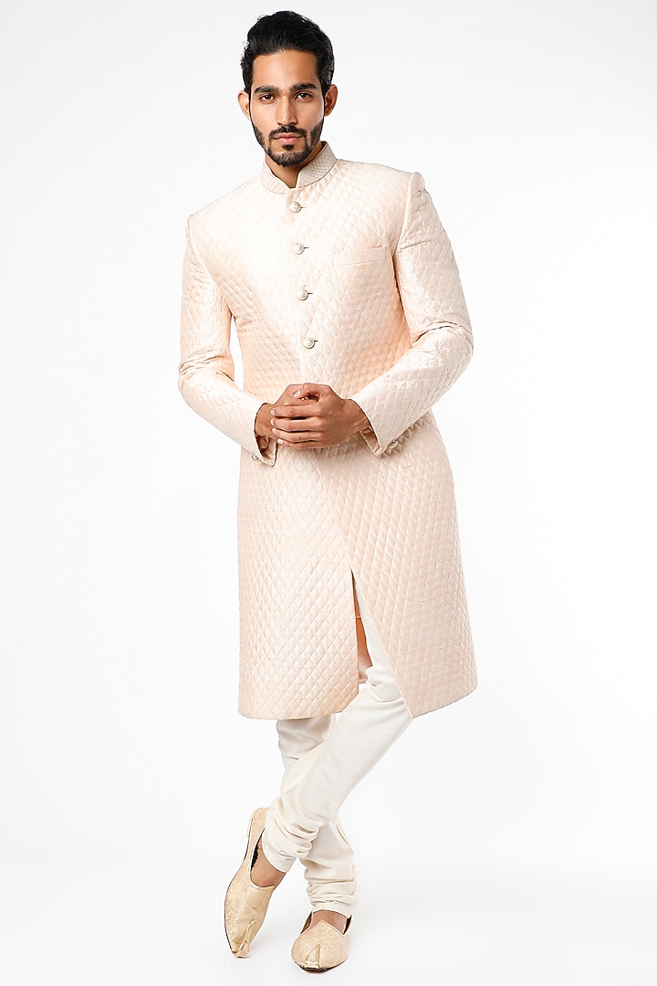 Cream Raw Silk Wedding Sherwani Set by Nero by Shaifali & Satya at Pernia's Pop Up Shop