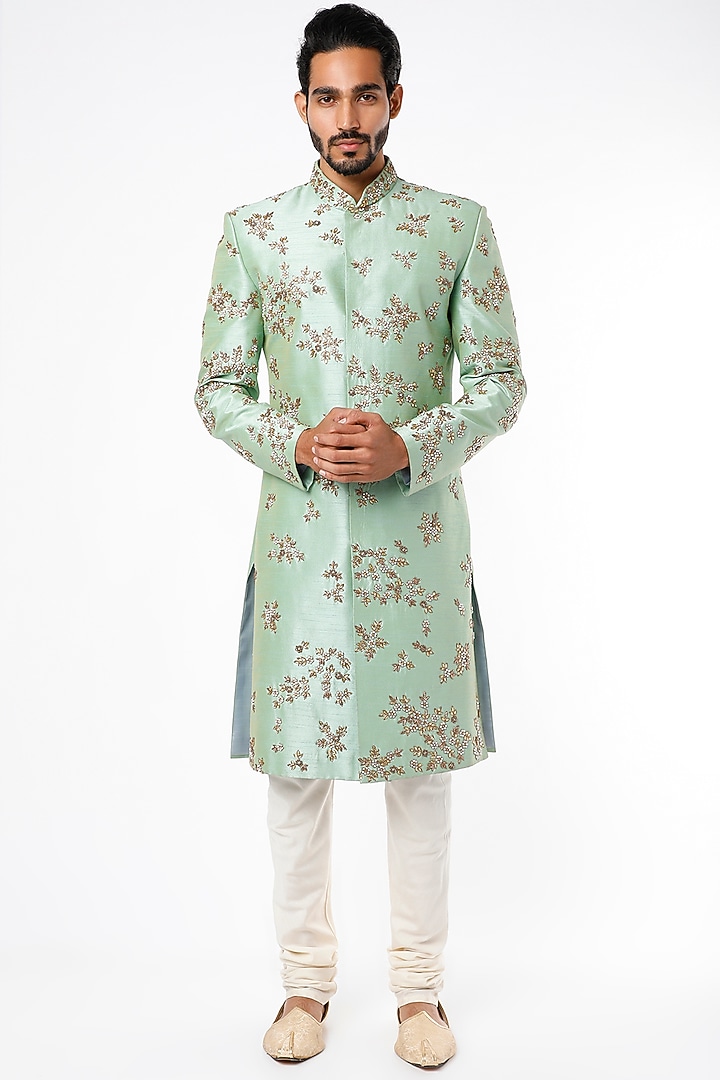 Ice Mint Embroidered Wedding Sherwani Set by Nero by Shaifali & Satya at Pernia's Pop Up Shop