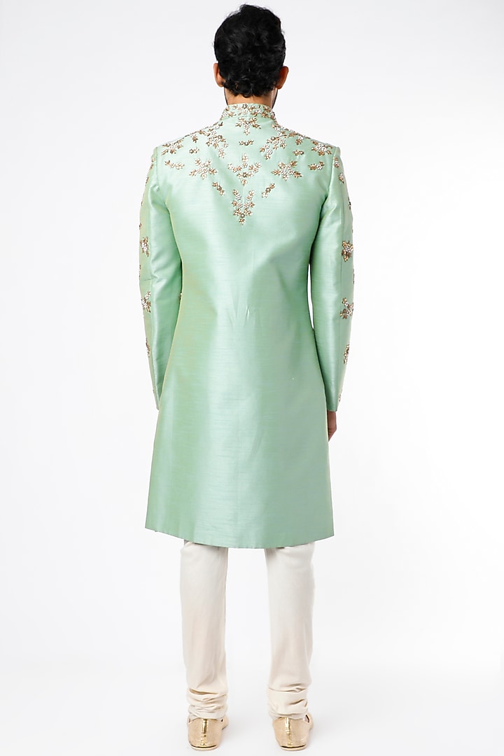 Ice Mint Embroidered Wedding Sherwani Set by Nero by Shaifali & Satya at Pernia's Pop Up Shop