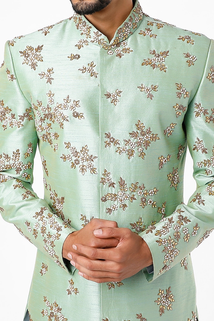 Ice Mint Embroidered Wedding Sherwani Set by Nero by Shaifali & Satya at Pernia's Pop Up Shop