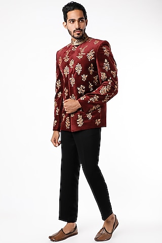 Blood Red Jodhpuri Bandhgala Jacket Set by Nero by Shaifali & Satya