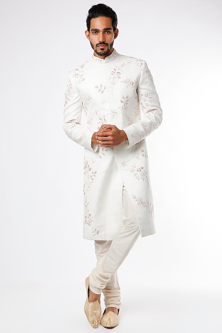 White Hand Embroidered Wedding Sherwani Set by Nero by Shaifali & Satya at Pernia's Pop Up Shop