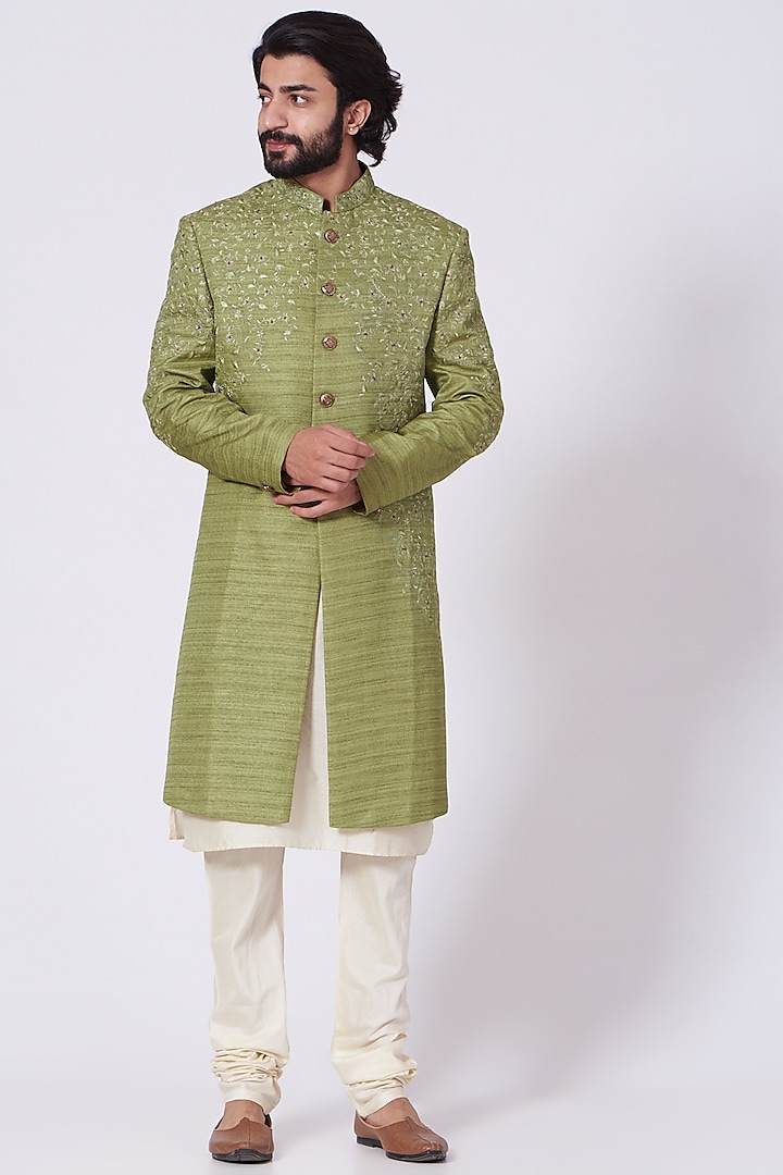 Pastel Green Machine Embroidered Jacket Sherwani Set by Nero by Shaifali & Satya