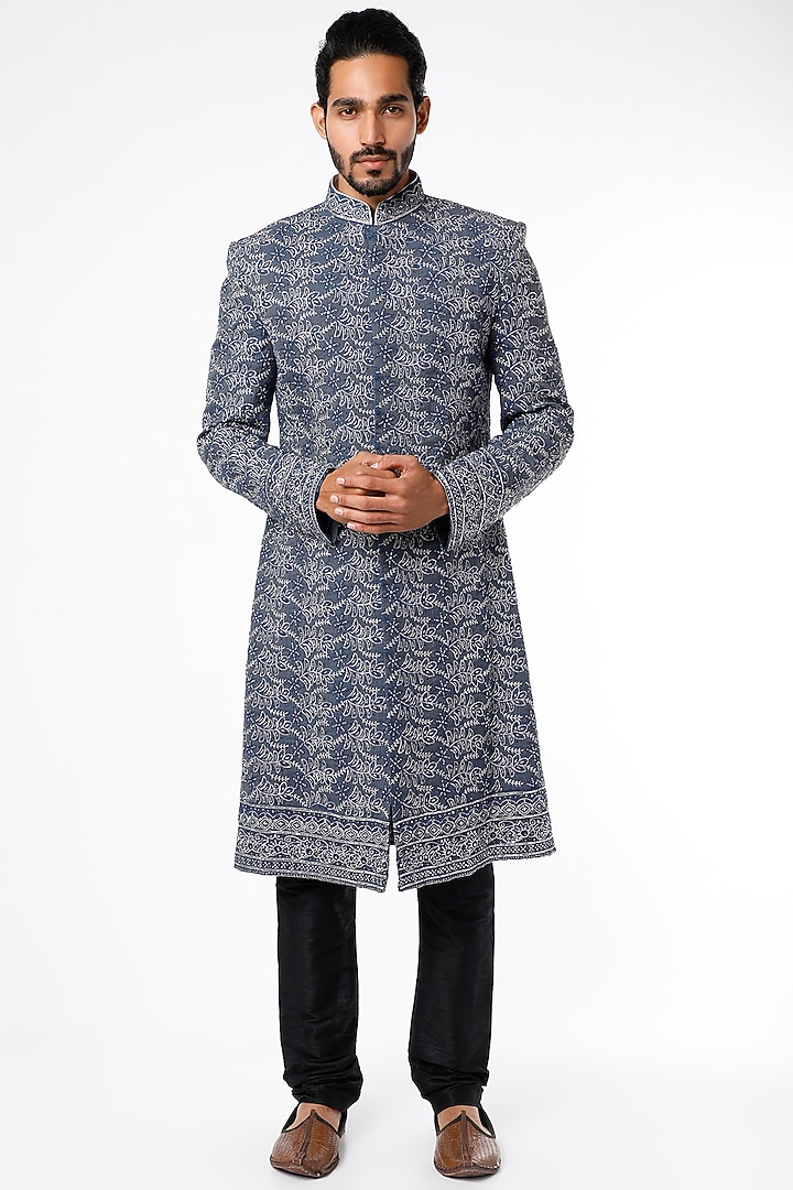 Greyish Blue Hand Embroidered Wedding Sherwani Set by Nero by Shaifali & Satya at Pernia's Pop Up Shop