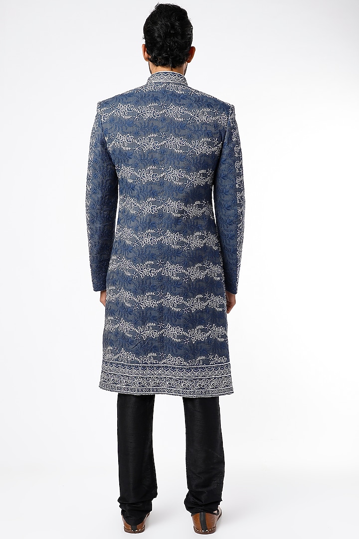 Greyish Blue Hand Embroidered Wedding Sherwani Set by Nero by Shaifali & Satya at Pernia's Pop Up Shop