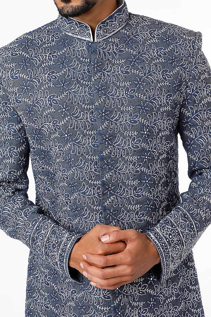 Greyish Blue Hand Embroidered Wedding Sherwani Set by Nero by Shaifali & Satya at Pernia's Pop Up Shop