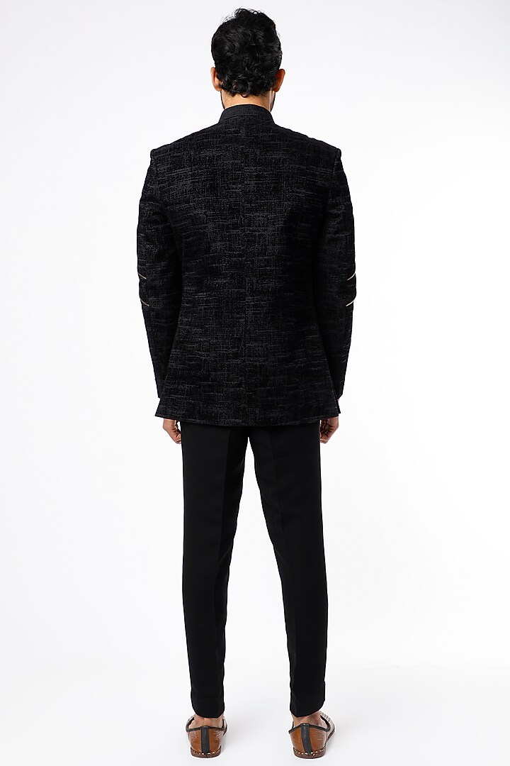 Black Suede Jodhpuri Bandhgala Jacket Set by Nero By Shaifali & Satya at Pernia's Pop Up Shop