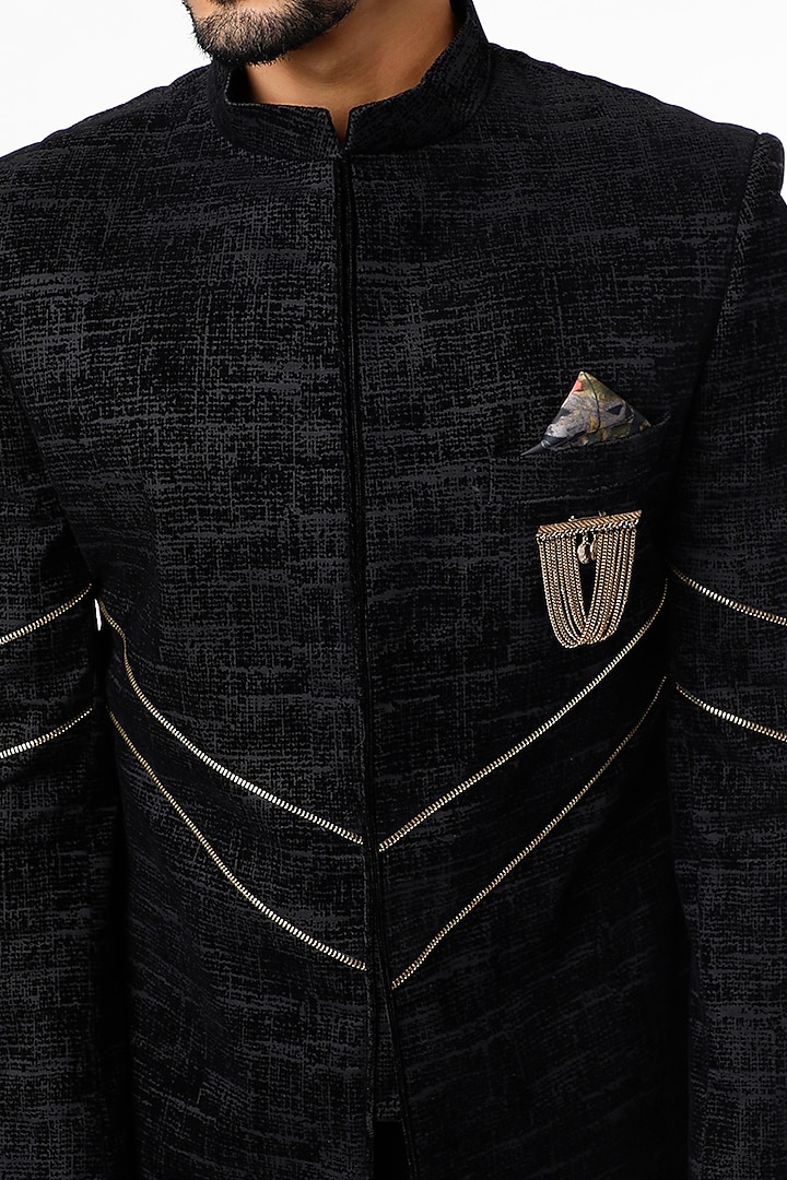 Black Suede Jodhpuri Bandhgala Jacket Set by Nero By Shaifali & Satya at Pernia's Pop Up Shop