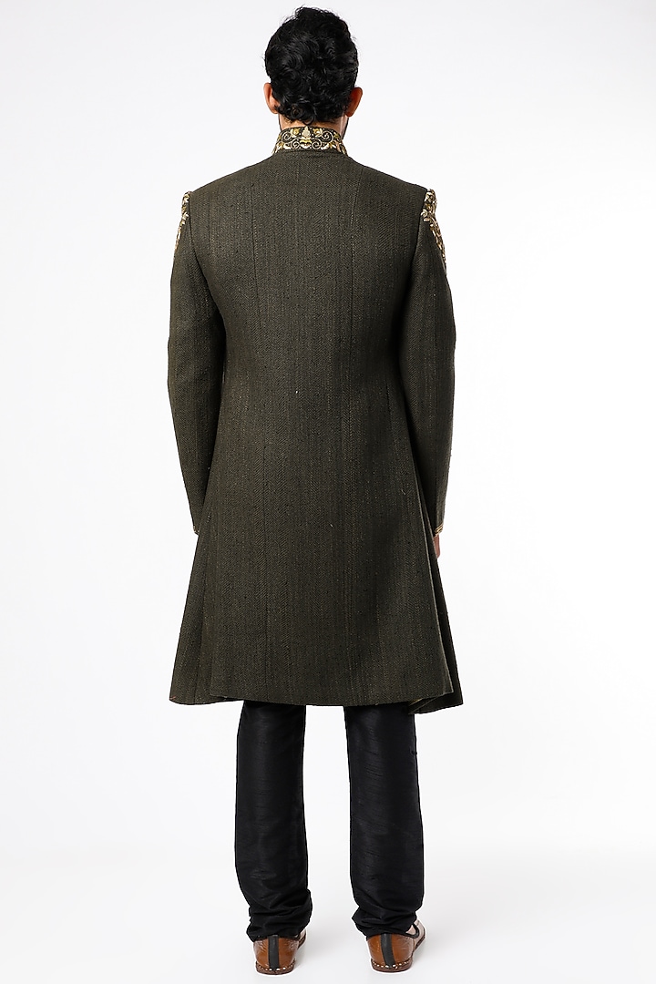 Burnt Olive Embroidered Wedding Sherwani Set by Nero by Shaifali & Satya at Pernia's Pop Up Shop