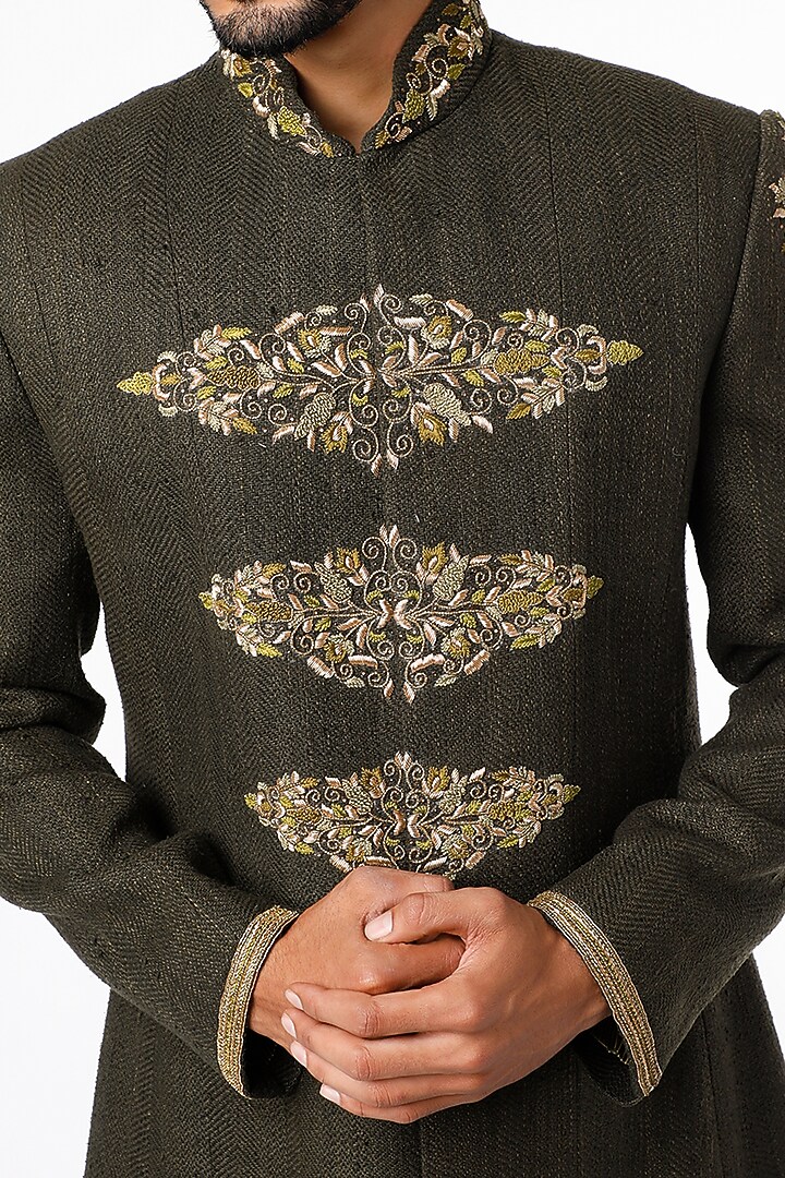 Burnt Olive Embroidered Wedding Sherwani Set by Nero by Shaifali & Satya at Pernia's Pop Up Shop