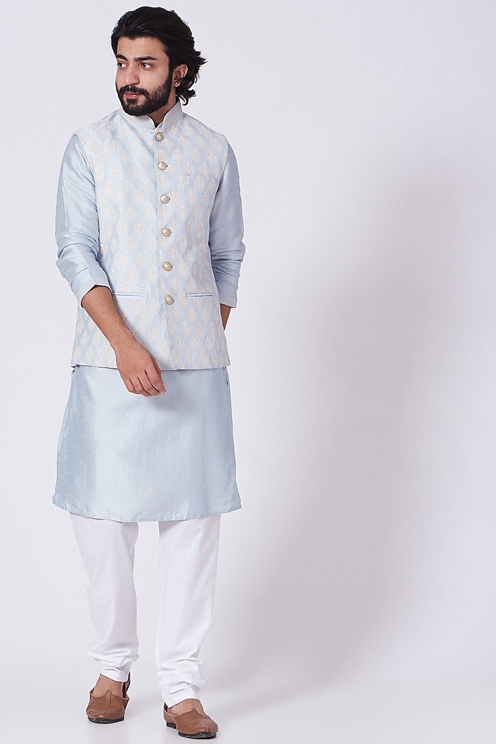Powder Blue Kurta Set With Bundi Jacket Design by Nero by Shaifali