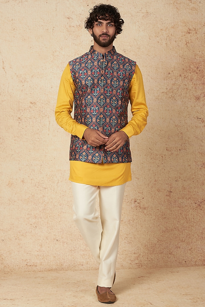 Navy Blue Silk Printed Bundi Jacket Set by Nero By Shaifali & Satya at Pernia's Pop Up Shop