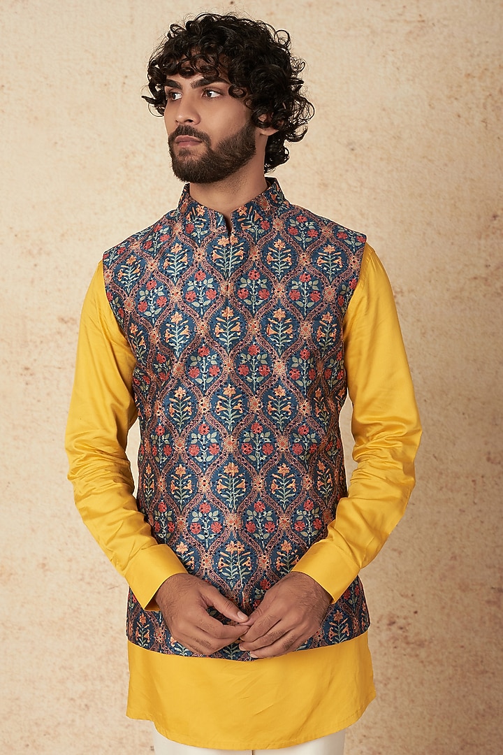 Navy Blue Silk Printed Bundi Jacket Set by Nero By Shaifali & Satya at Pernia's Pop Up Shop