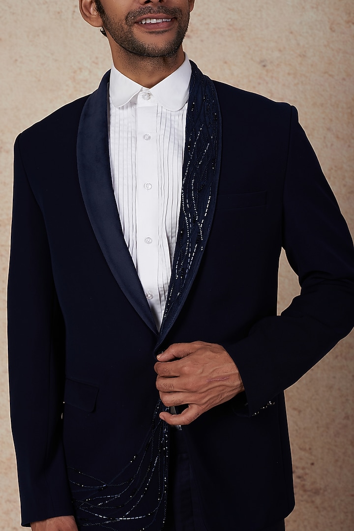 Blue Boomario Tuxedo Set by Nero by Shaifali & Satya at Pernia's Pop Up Shop