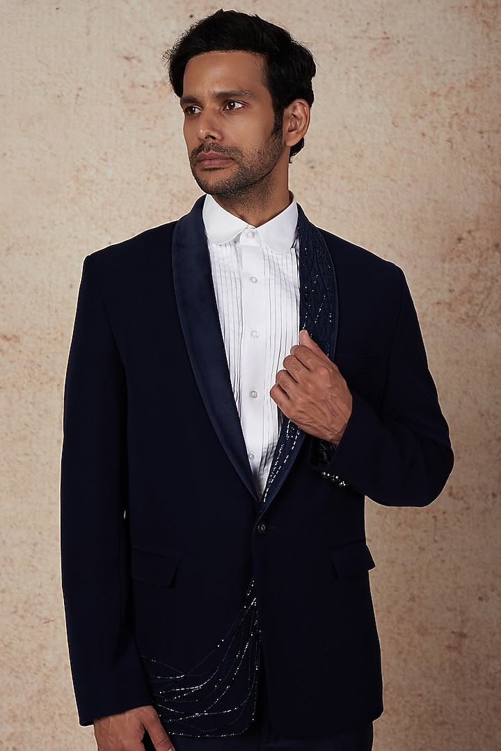 Blue Boomario Tuxedo Set by Nero by Shaifali & Satya at Pernia's Pop Up Shop