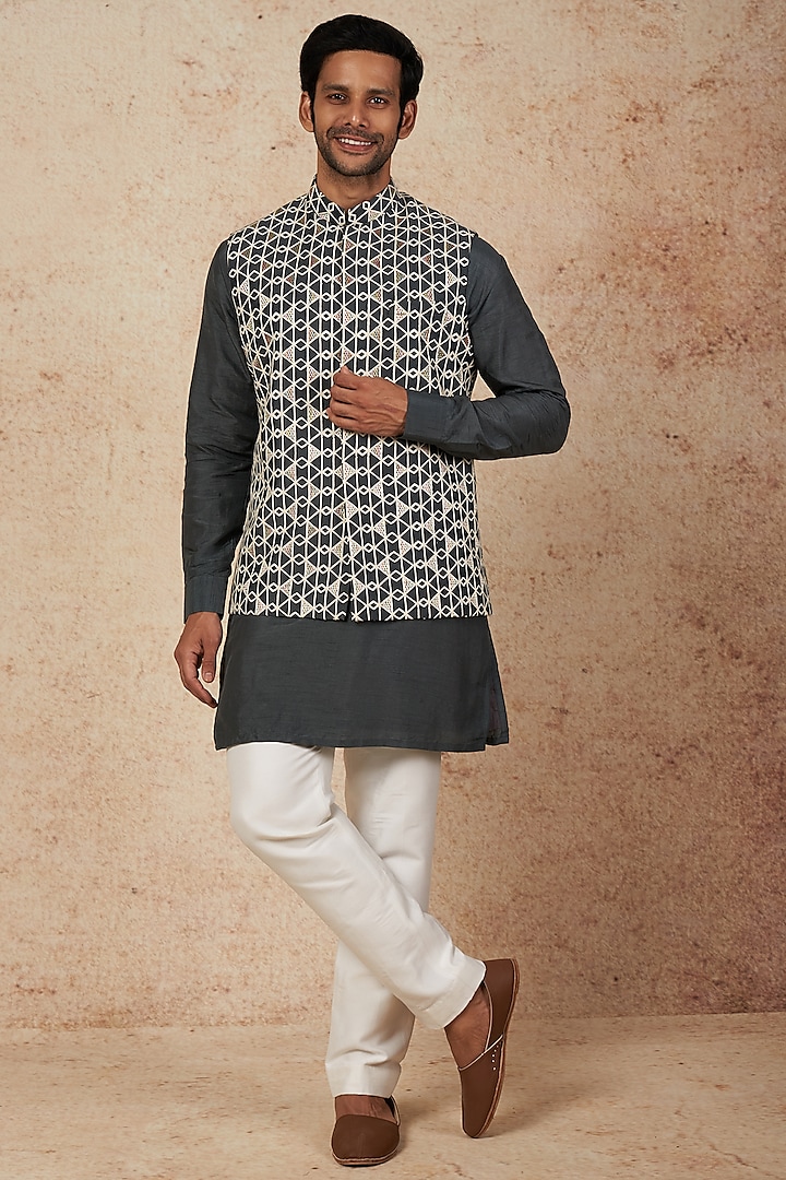 Grey Embroidered Bundi Jacket With Kurta Set by Nero by Shaifali & Satya