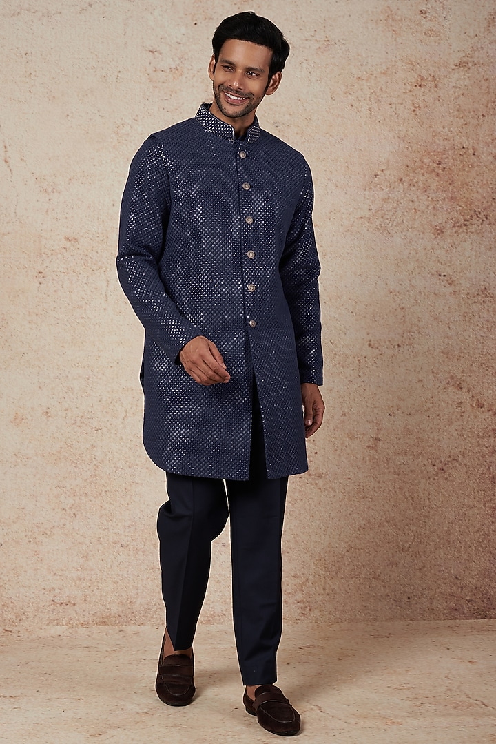 Teal Blue Embroidered Wedding Indowestern Jacket With Kurta Set by Nero by Shaifali & Satya at Pernia's Pop Up Shop