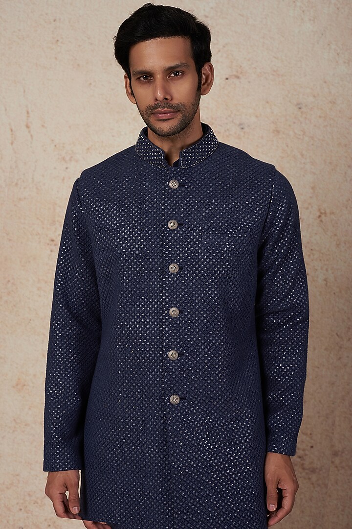 Teal Blue Embroidered Wedding Indowestern Jacket With Kurta Set by Nero by Shaifali & Satya at Pernia's Pop Up Shop