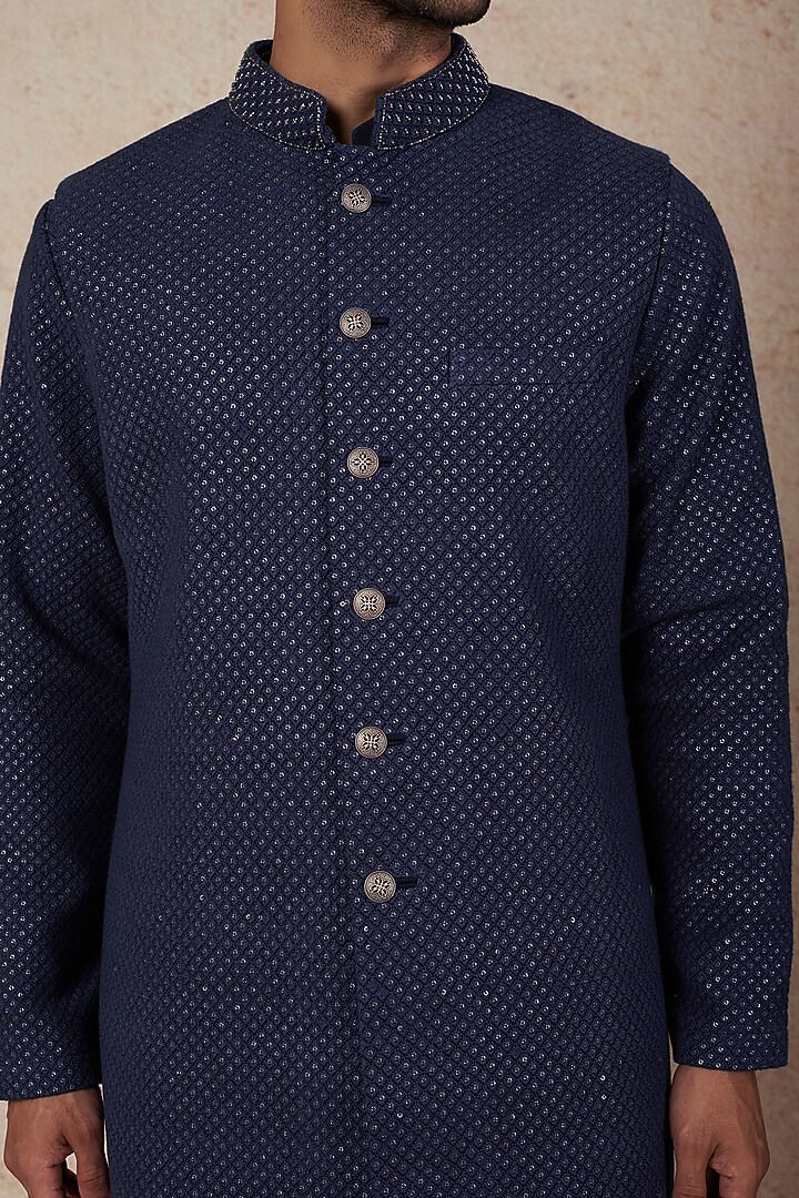 Teal Blue Embroidered Wedding Indowestern Jacket With Kurta Set by Nero by Shaifali & Satya at Pernia's Pop Up Shop