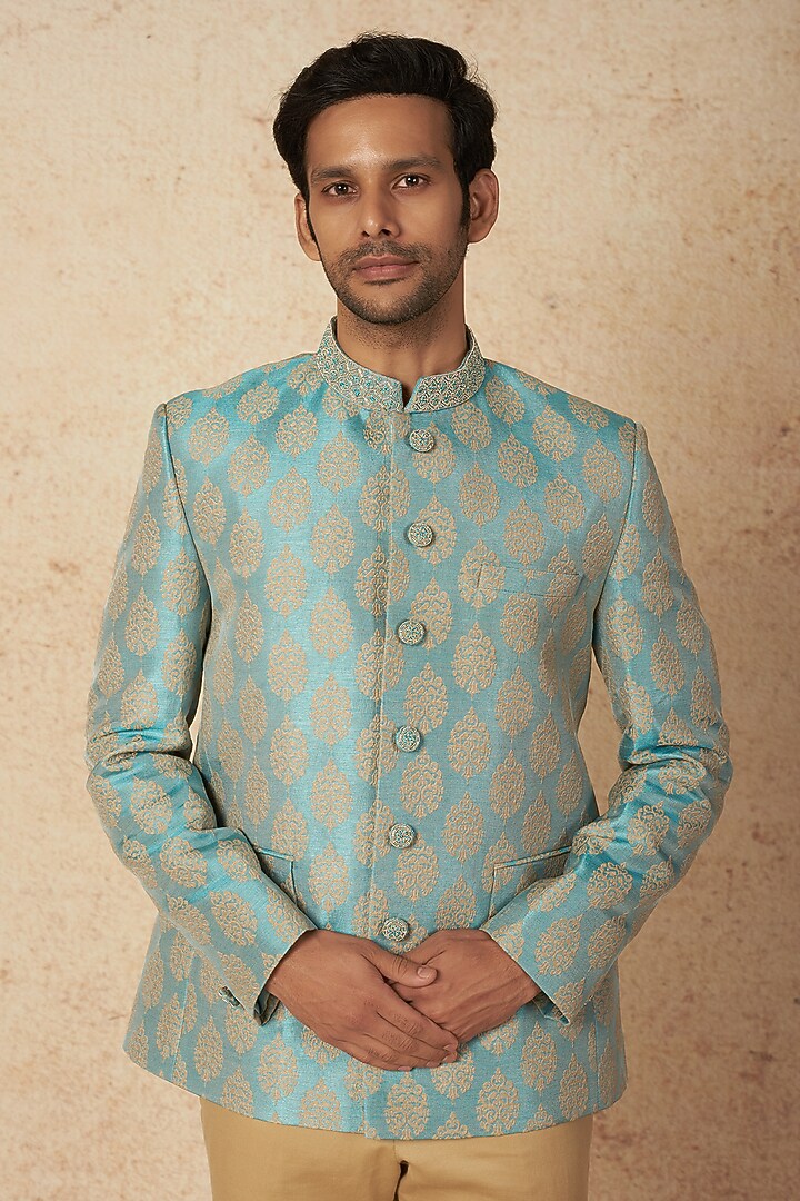 Blue Embroidered Jodhpuri Set by Nero by Shaifali & Satya at Pernia's Pop Up Shop