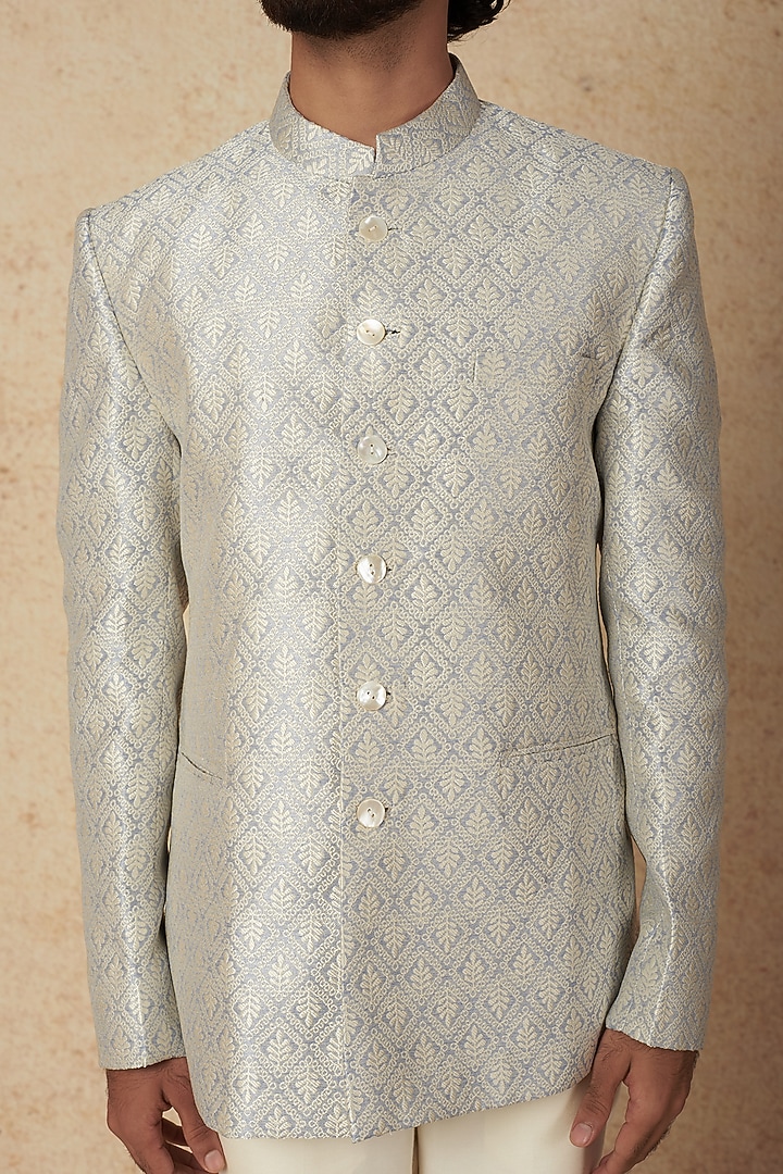 Pastel Blue Jacquard Jodhpuri Set by Nero by Shaifali & Satya at Pernia's Pop Up Shop