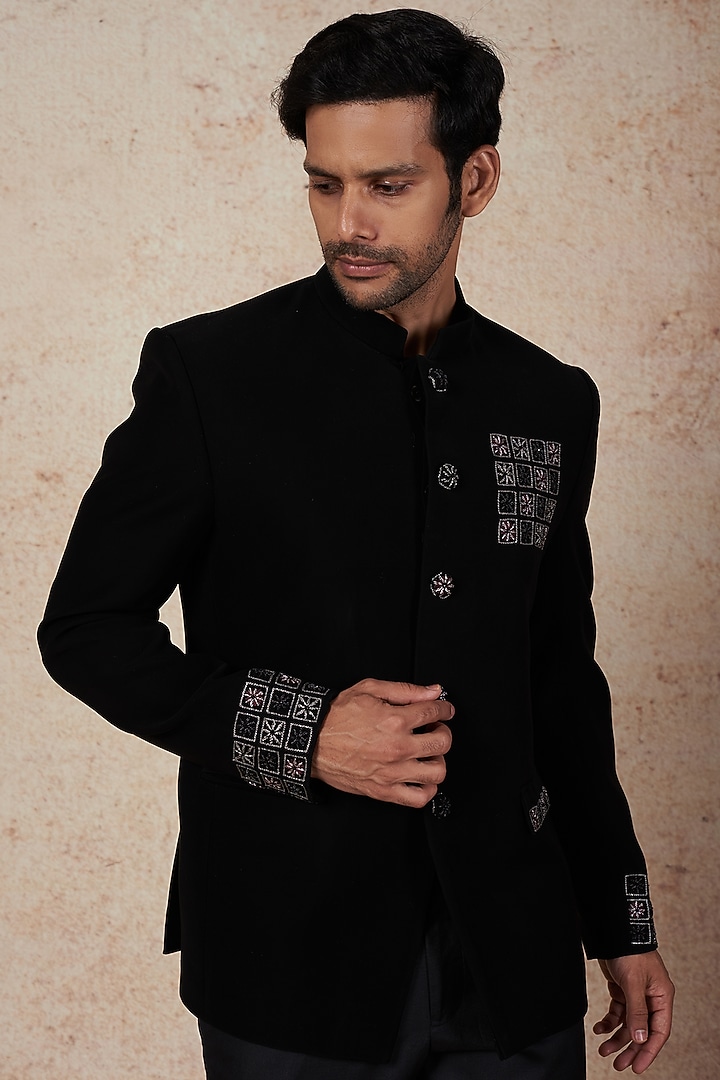 Black Boomario Wedding Bandhgala Set by Nero by Shaifali & Satya at Pernia's Pop Up Shop