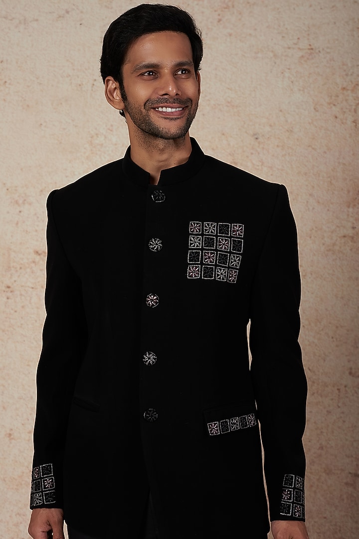Black Boomario Wedding Bandhgala Set by Nero by Shaifali & Satya at Pernia's Pop Up Shop