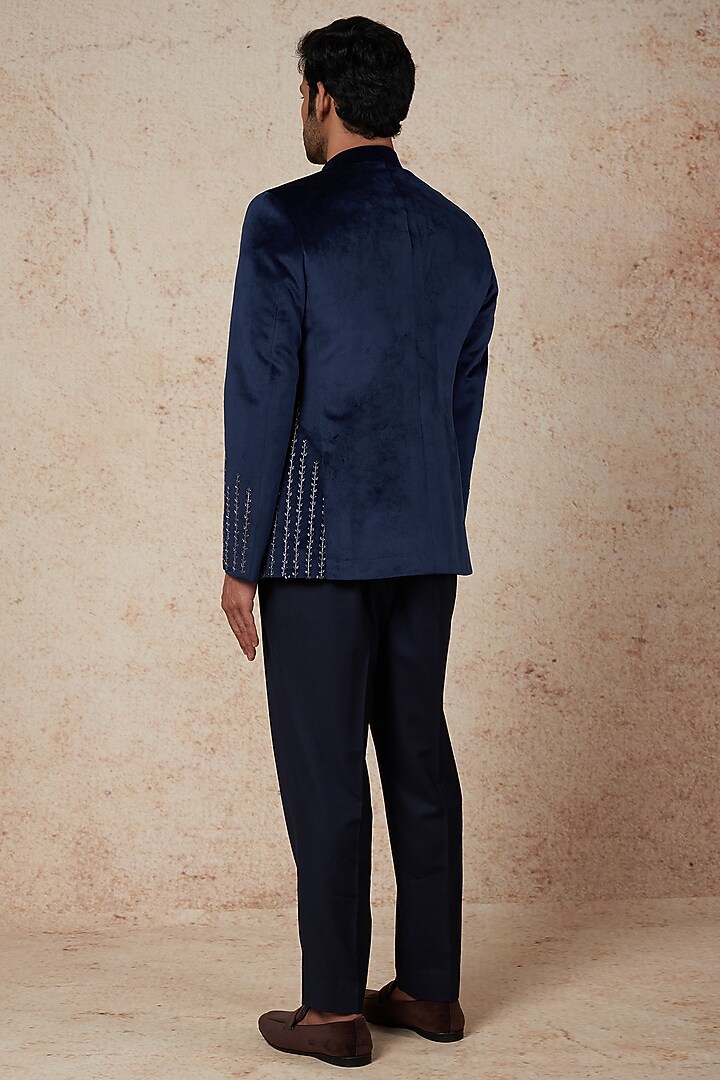 Teal Blue Suede Wedding Bandhgala Set by Nero by Shaifali & Satya at Pernia's Pop Up Shop