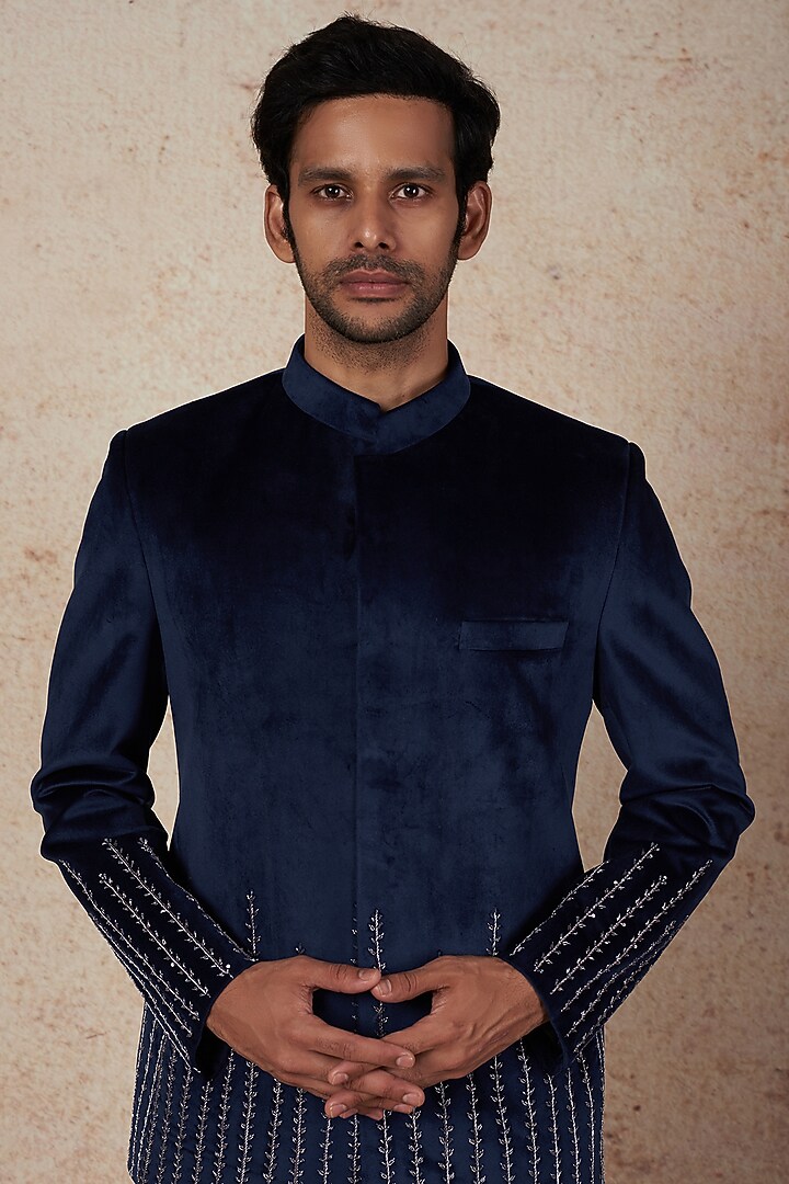 Teal Blue Suede Wedding Bandhgala Set by Nero by Shaifali & Satya at Pernia's Pop Up Shop