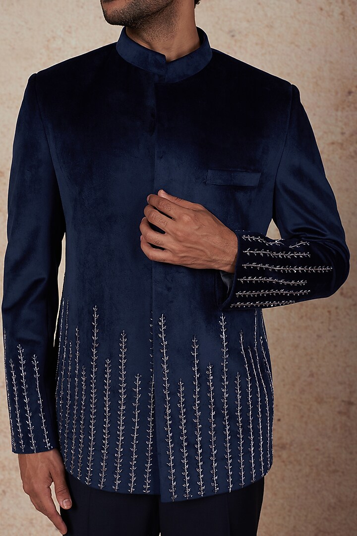 Teal Blue Suede Wedding Bandhgala Set by Nero by Shaifali & Satya at Pernia's Pop Up Shop