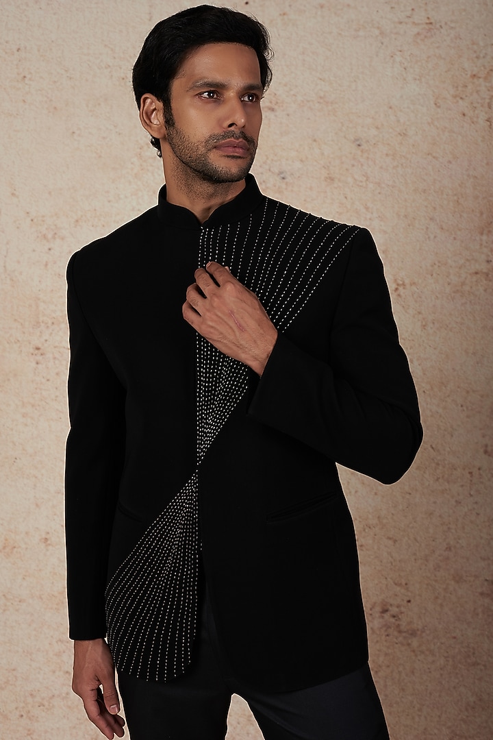 Black Boomario Wedding Bandhgala Set by Nero by Shaifali & Satya at Pernia's Pop Up Shop