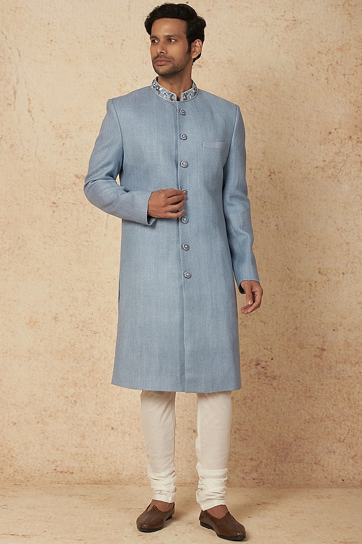 Pastel Blue Silk Sherwani Set by Nero by Shaifali & Satya